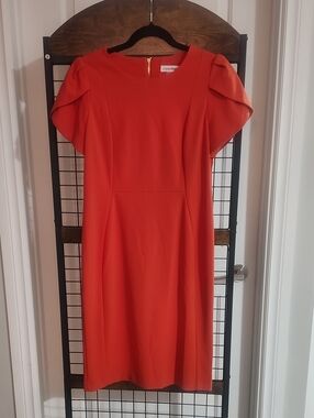 Calvin Klein Orange Puff Sleeve Midi Sheath Dress